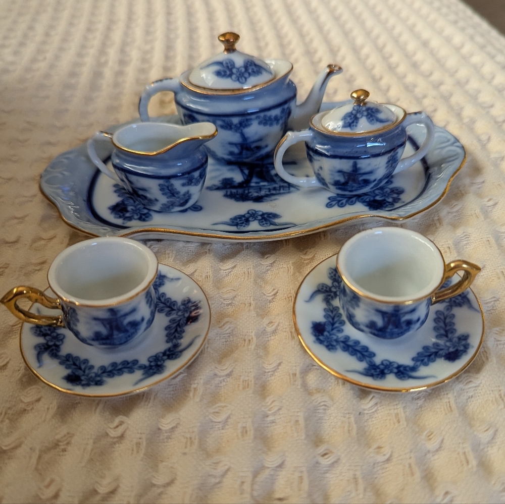 D.N & E.I miniature china tea set blue & white 1 to 3 ratio complete set 1950's